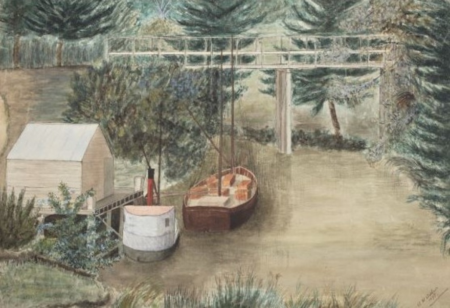 Albany Village History Walk - Photo By: View of upper wharf and Albany bridge, Lucas Creek, from homestead, 1897. Painting by Alice McArthur. Auckland Museum PD-191-1-5.